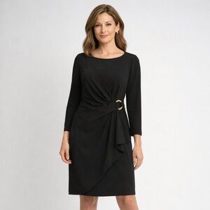 Anne Klein Dress Black Faux Wrap Gold Ring Size 6 Stretchy Cocktail Evening